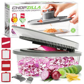 CHOPZILLA con cuatro hojas de acero inoxidable para cortes uniformes y rápidos.