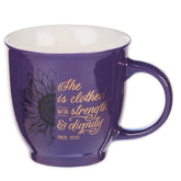 Taza Christian Art Gifts con girasol morado en frente, ideal para café diario