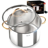 Olla stock 12 qt Ciwete con mango de cobre y tapa de vidrio para control de cocción.