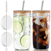 Vaso mason CMLKLZD 24 oz con tapas acacia y pajitas reutilizables, ideal para bebidas frías.
