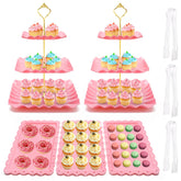 Coitak torre de dulces 3 pisos rosa, presentación elegante para cupcakes.