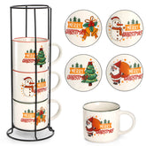 Conjunto de tazas Coloch navideñas apilables sobre soporte de metal para ahorrar espacio.