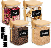ComSaf frascos de vidrio cuadrados 0,8 qt con tapas de bambu para azucar y cafe.