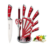 Conjunto de cuchillos de cocina 9 piezas rojo con bloque acrilico, almacenamiento práctico para la encimera.