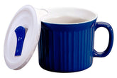 CorningWare taza de comida 20oz con tapa ventilada en color azul arándano, ideal para sopas.