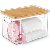 COZYCRAZE dispensador apilable con tapa de madera para acceso rápido a bolsas.