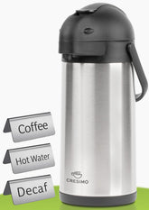 Cresimo airpot con etiquetas de bebidas para café, descafeinado y agua caliente.