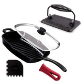 Sarte9n grill de hierro Cuisinel con superficie rayada para sellar carnes y obtener marcas.