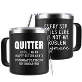 Taza CUPLOOV retiro con mango, ideal como regalo de oficina divertido.