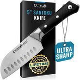 Cutluxe Santoku con hoja afilada para cortes precisos en carnes y verduras.