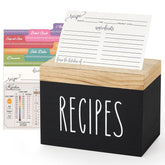 Dahey caja de recetas de madera negra con tapa marrón para ordenar recetas en la cocina.