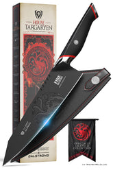 Dalstrong cuchillo chef 8 pulgadas con hoja grabada para cortes precisos en la cocina.