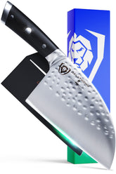 Dalstrong cuchillo serbio, hoja martillada, potencia de corte para carnes y verduras.