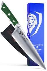 Dalstrong Gladiator, cuchillo de 8 pulgadas, hoja en primer plano, filo preciso para cortes finos.