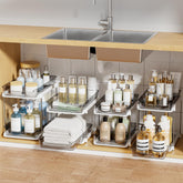 Delamu: organizador de baño de dos niveles con cajones deslizantes para ahorrar espacio.