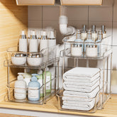 Delamu dos niveles organizador bajo lavabo, vista frontal, almacenamiento eficiente.