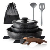 DishDelight set 10 piezas con mango desmontable, ideal para cocción versátil y almacenamiento compacto.