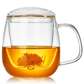 Taza Dopudo grande de vidrio borosilicato con infusor y tapa para infusiones aromáticas.
