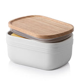 Mantequera Dowan de cerámica con tapa de madera mantiene la mantequilla fresca en la encimera