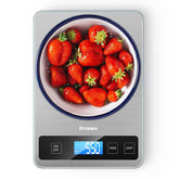Balanza de cocina Drcowu con pantalla LCD azul, lectura clara.