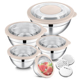 Tazones E-far de acero inoxidable con tapa transparente para mezclar y servir ensaladas.