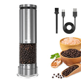 Molinillo eléctrico EIHO con ajuste externo para sal y pimienta, manos limpias al cocinar.