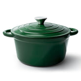Olla fijinhom de hierro esmaltado 6 cuartos con tapa verde para cocción uniforme.