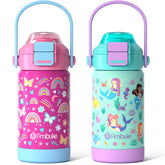 Botella Fimibuke con tapa 2-en-1, ideal para aprendizaje independiente y transporte seguro.