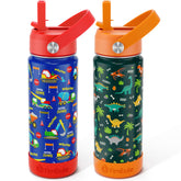 Botella Fimibuke para niños con dinosaurio, mantiene fría la bebida sin condensación.