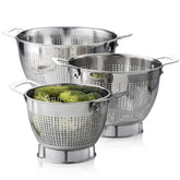 FineDine escurridor de acero inoxidable, juego de tres tamaños, ideal para pasta, arroz y frutas.