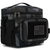 FlowFly bolsa de almuerzo aislada con diseño negro camuflado, ideal para comidas frías o calientes.