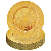 Frcctre plato cargador dorado, patrón diamante, ideal para bodas y banquetes.