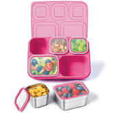 Freshmage Snackle Box rosa con cinco compartimentos para meriendas ordenadas.