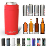 Frost Buddy Universal Buddy Cooler junto a una lata de 12 oz para demostrar versatilidad.