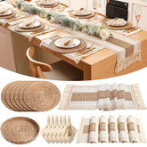 Manteles redondos boho de Gandeer para proteger la mesa y decorar.