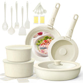 Ganiza set de cocina antiadherente con asas desmontables para almacenamiento compacto.