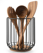 getstar porta-utensilios de alambre grande con base de acacia, organización eficiente de utensilios