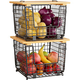 Cesta de alambre GGIU apilable con tapa de madera para ordenar la encimera.