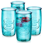 Vasos altos Glaver's de 20 onzas azules vintage con logotipo grabado para bebidas elegantes.