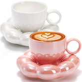 Goaste taza nube rosa de cerámica con platillo girasol, ideal para café.