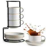 Gomakren tazas cappuccino 6oz con saucer y soporte metálico, ideal para servicio elegante.
