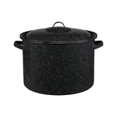 Olla Granite Ware de 21 cuartos con acabado moteado negro, ideal para porciones grandes.