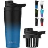 Greatyos botella shaker de acero inoxidable con diseño ergonómico y bloqueo antifugas.