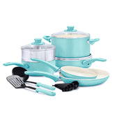 GreenLife con agarre suave: conjunto de ollas y sartenes turquesa para cocinar con comodidad.