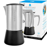 GROSCHE Milano Steel cafetera moka, vista frontal para café exprés en casa.