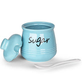 HAOTOP azucarero cerámico 12 onzas con tapa y cuchara, mantiene el polvo fuera y sirve fácilmente