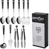 Utensilios HAPPY KIT en acero inoxidable, fáciles de servir y limpiar para comidas diarias.