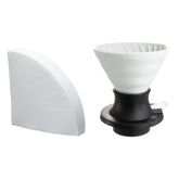 Hario V60 Conmutador de inmersión, vista frontal, diseño entre tradición y modernidad.