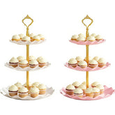 Hazyore torre de cupcakes tres niveles blanco-rosado para exhibir dulces con estilo.