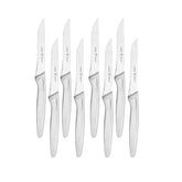 Cuchillos HENCKELS para bistec de 8 piezas sobre una mesa, filo de precisión.